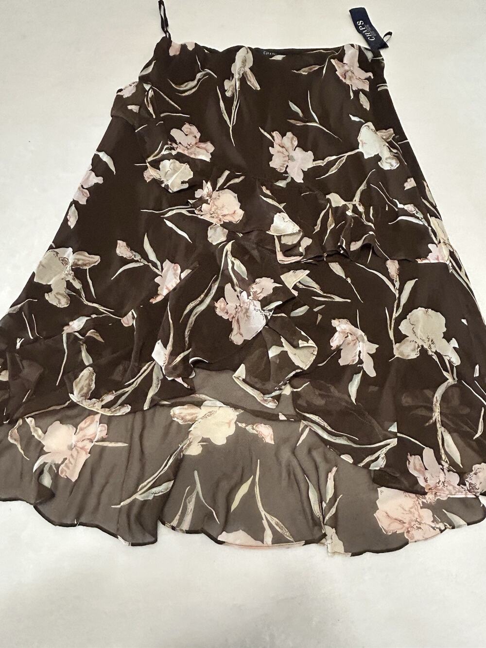 Chaps Maxi Skirt Womens XL Brown Floral Tiered Romantic Asymmetric Ruffle Long